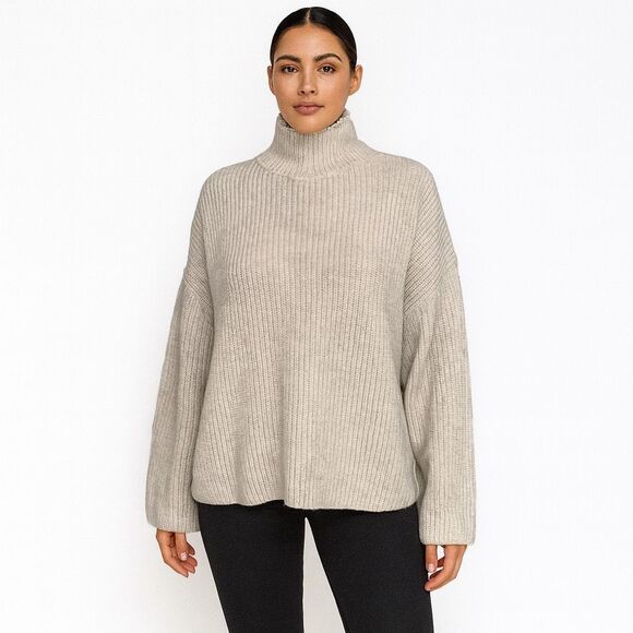 H&M Solid Beige Long Sleeve tight knit Sweater Pearl collar Chunky wool blend L - Picture 1 of 10